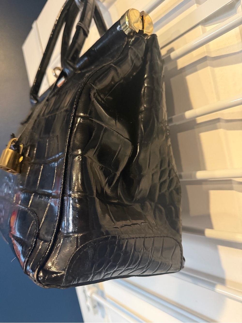 Black Croc-Embossed Top-Handle Satchel with Gold Hardware genuine leather - Picture 4 of 9